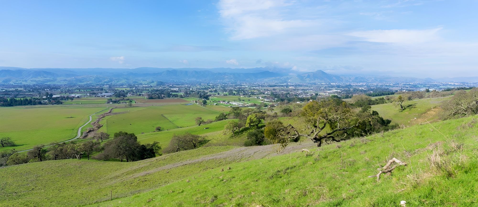 A vast, grassy hillside overlooks a valley with green fields, scattered trees, and distant buildings under a blue, partly cloudy sky.