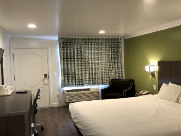 A hotel room with a bed, desk, chair, TV on a wall mount, green accent wall, window with patterned curtain, and soft bedside lighting.